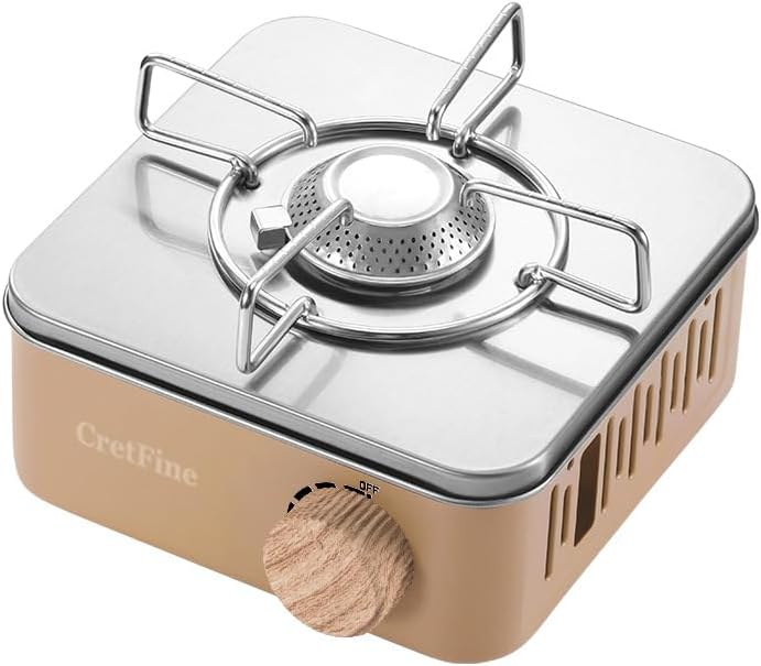 CretFine Mini Butane Camping Stove with Portable Bag, Indoor and Outdoor Cooking, for Emergency and Camp Essentials, 8205 BTU, 2hr Usage per Canister, Gas Not Included, Khaki - Image 1